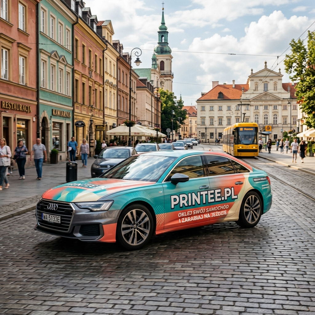 Nowoczesny sedan premium z dynamicznym oklejeniem reklamowym w barwach teal i koralowych na miejskiej ulicy